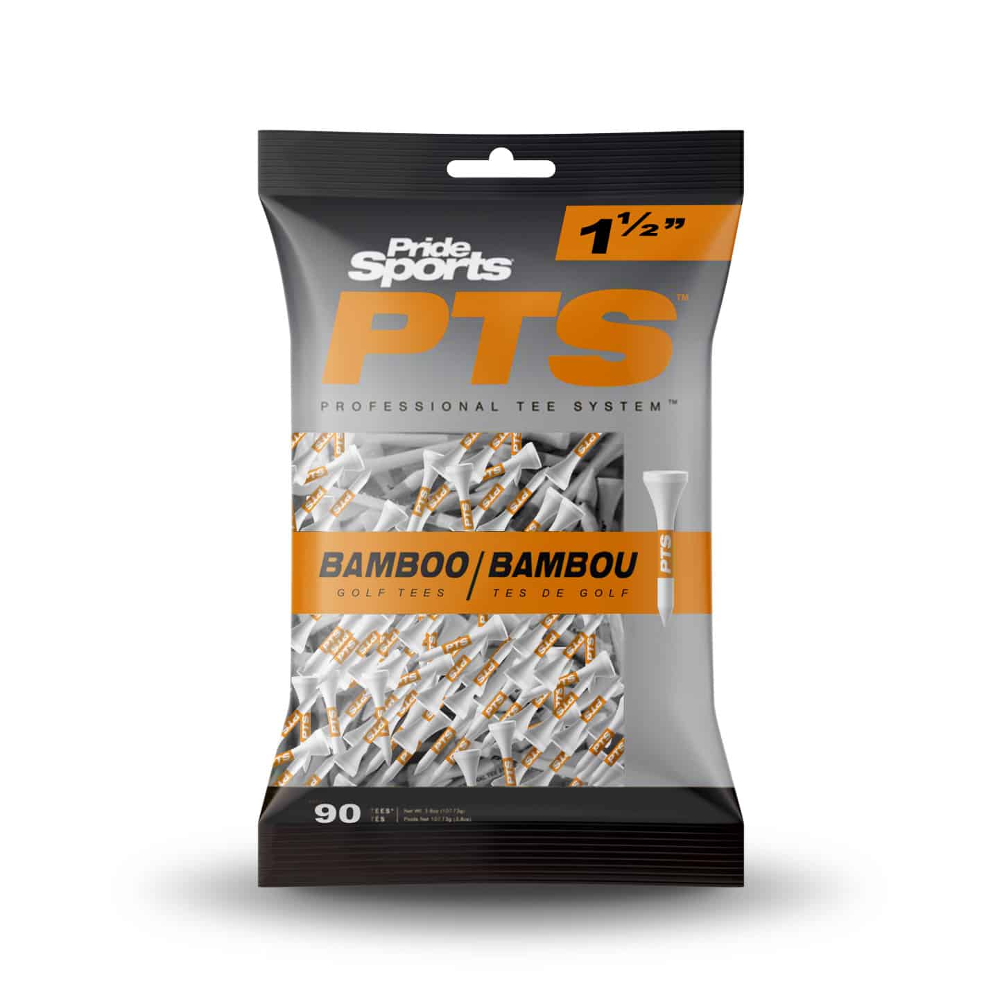 Pride PTS Bamboo Straight Golf Tees 1 1/2" - 38mm Bag 90 White / Orange